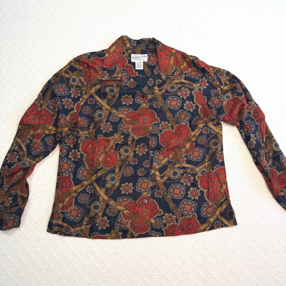 Pendleton Womens Petite 12 Navy Blue Red Paisley Chain Rayon Blouse PL175-66550